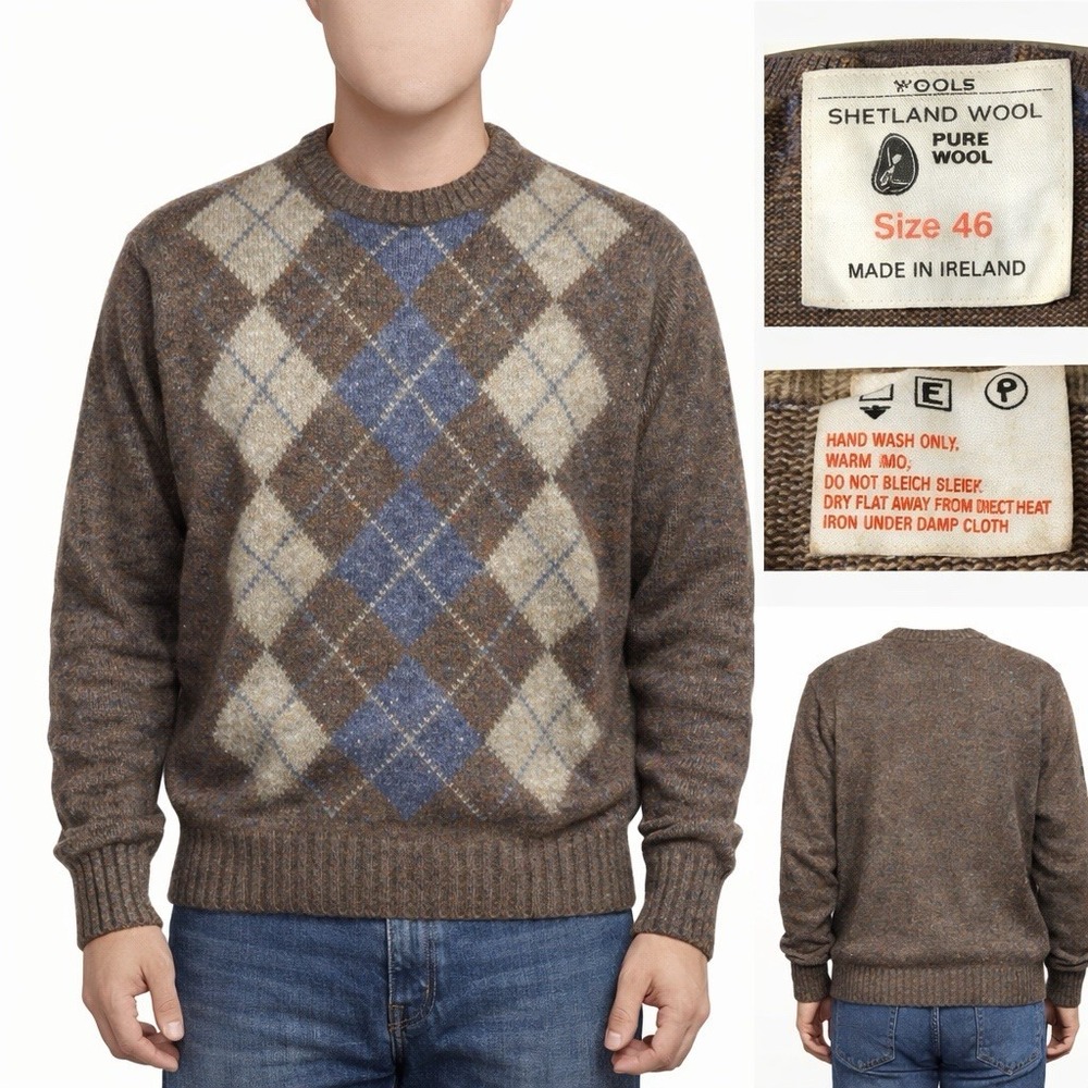 Vintage Men's Shetland Wool Argyle Sweater Size 46 Made in Ireland Brown Blue  L